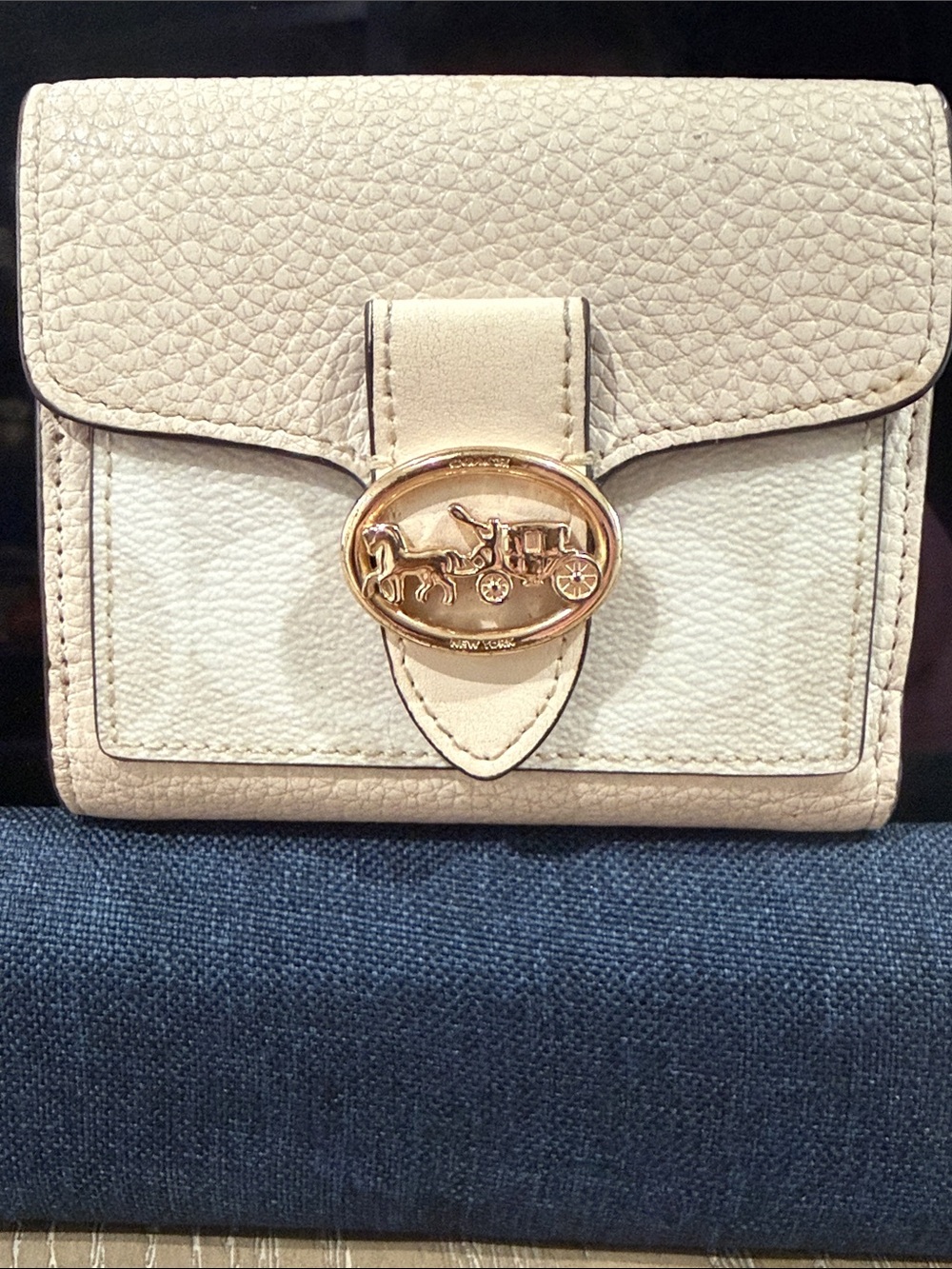 Coach Pebbled Leather Small Wallet in Chalk and Cream with Gold Hardware